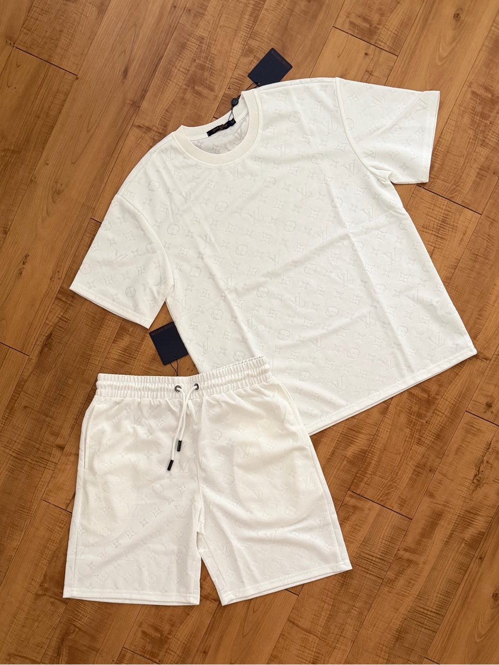 LV Men Monogram Summer White Embossed Short Sleeve Tee and Drawstring Shorts Set